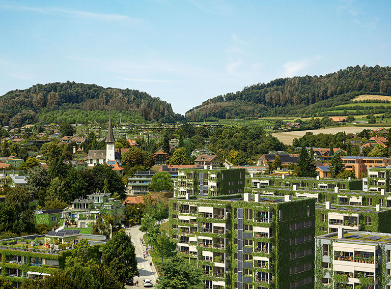 A view of the centre of Bolligen in 2060, showing what it might look like if measures to improve climate resilience were introduced now. The house facades and roofs are covered in greenery, and many have solar panels installed. Two farm fields in the background appear to be dry – or have been harvested. The forest in the background appears drier than it did in 2025, but is still green.