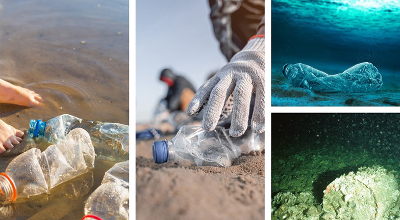 four pictures, two of them showing plastic bottles (one swimming in water, another on the beach), a third ocean-floor debris, and the fourth dumped nuclear waste in a corroded barrel on the seabed