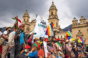 Indigenous people demonstrating for their rights in Bogotá