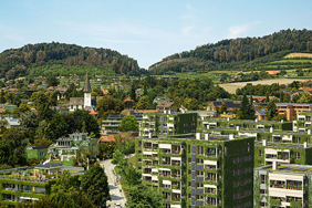 A view of the centre of Bolligen in 2060, showing what it might look like if measures to improve climate resilience were introduced now. The house facades and roofs are covered in greenery, and many have solar panels installed. Two farm fields in the background appear to be dry – or have been harvested. The forest in the background appears drier than it did in 2025, but is still green.