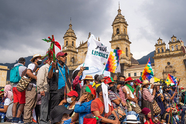 Indigenous people demonstrating for their rights in Bogotá, Colombia