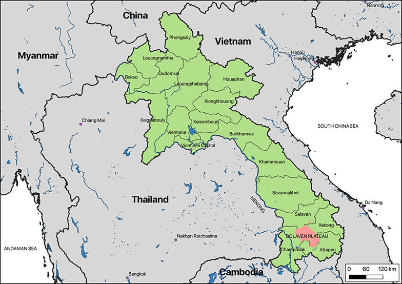 Map of Laos, locating the Bolaven Plateau