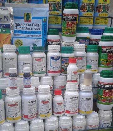 •	Chemical pesticides for sale in a popular market in El Alto, Bolivia, March 2019. The products “Stermin”, “Caporal”, and “Tamaron”, for example, contain methamidophos, a neurotoxic organophosphate officially banned in Bolivia since 2015.